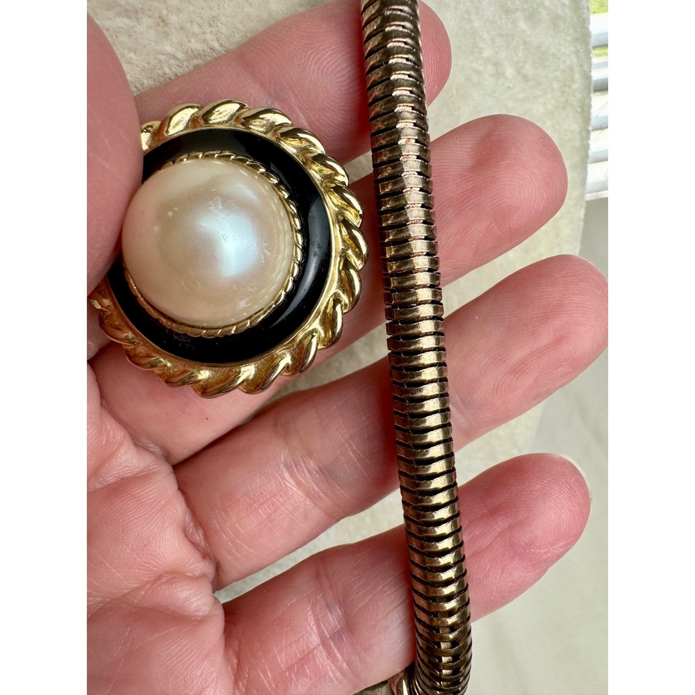 Park Lane Vintage Style Jewelry Set Gold Tone Faux Pearl Black Enamel 4pc Set - Picture 14 of 16